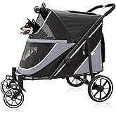 Dog Stroller for Medium/Large Dogs One-Click Folding, Extra Large Pet Stroller for 2 Dogs with Storage Pocket & Shock Absorption, Up to 130 lbs, Grey