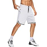JWM Men's 9" Long Basketball Shorts - Below Knee Mesh Athletic Gym Workout Sport with Zip Pockets Quick Dry Lightweight White