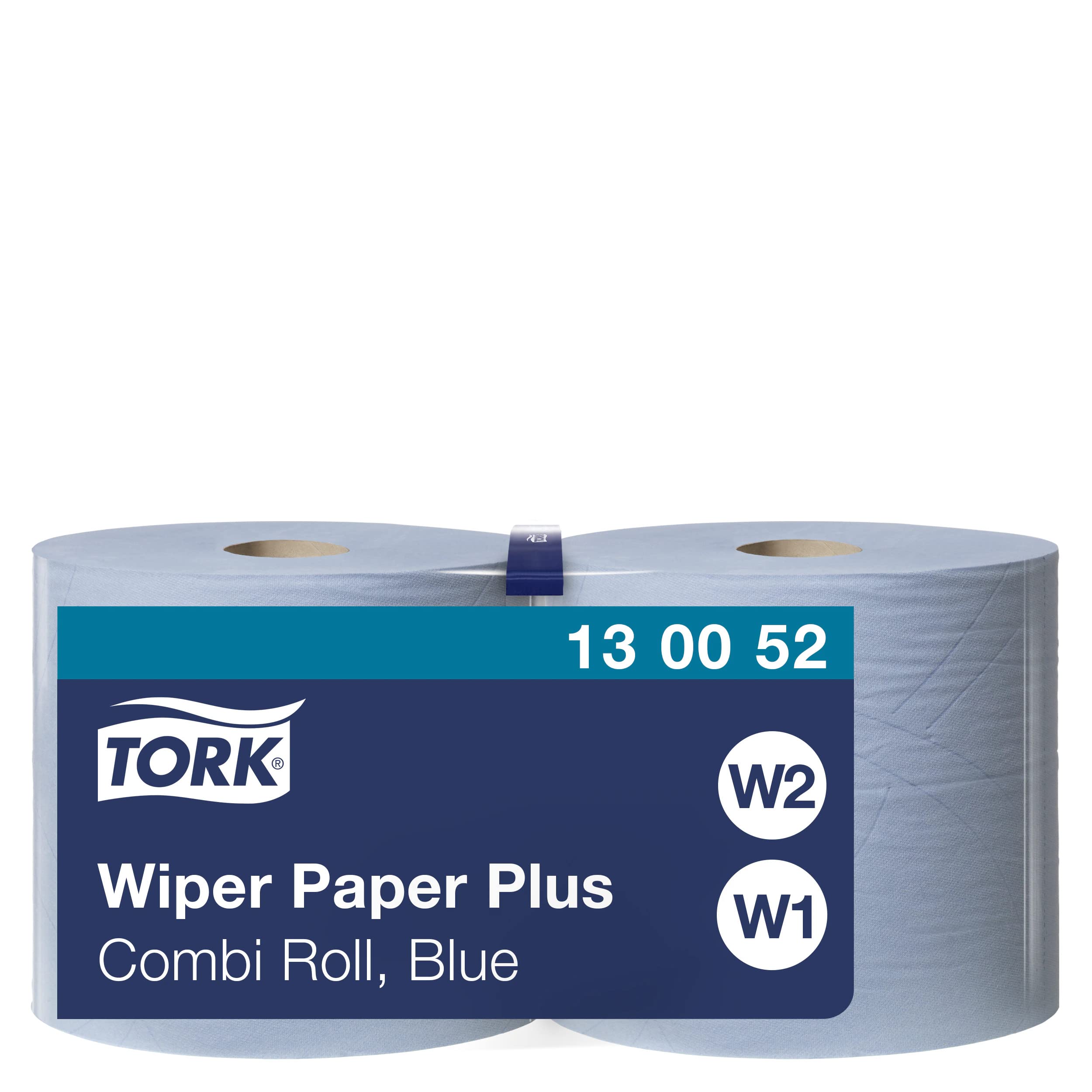 Tork 130052 Wiping Paper Plus Combi Roll / Wiping Paper Rolls Suitable for W1 and W2 Wipers System Dispensers / Extra Strong Paper Towel Roll / Blue / 2 x 255m / Ø 26.2cm