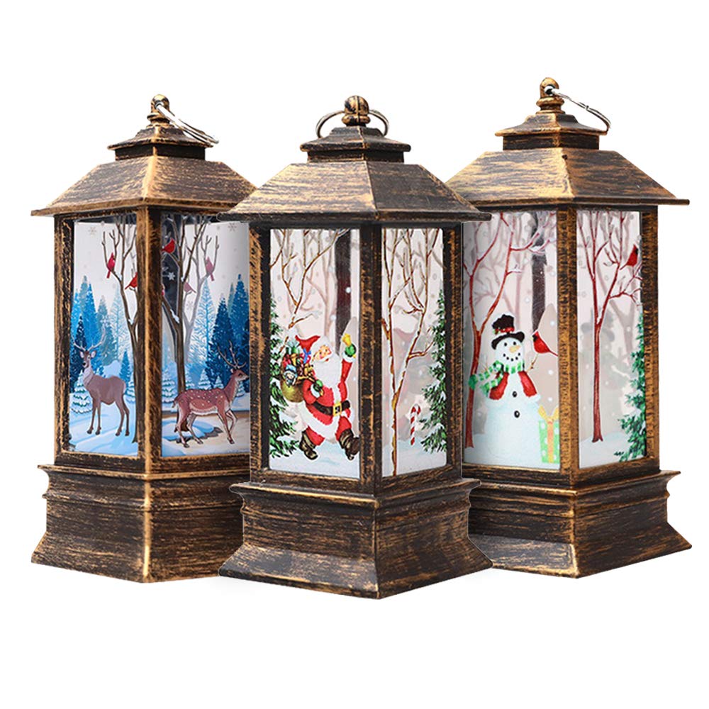 3PCS Christmas Candle Lanterns Vintage Xmas Candle Xmas Tea Light Candles Lamp with LED Tea Light Fireless Candles Lamp Santa Claus Snowman Elk Christmas Lights for Christmas Decoration