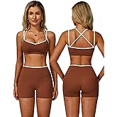 ABOCIW Workout Sets for Women 2 Piece Color Block Strappy Sports Bra High Waist Shorts Gym Yoga Pilates Outfits