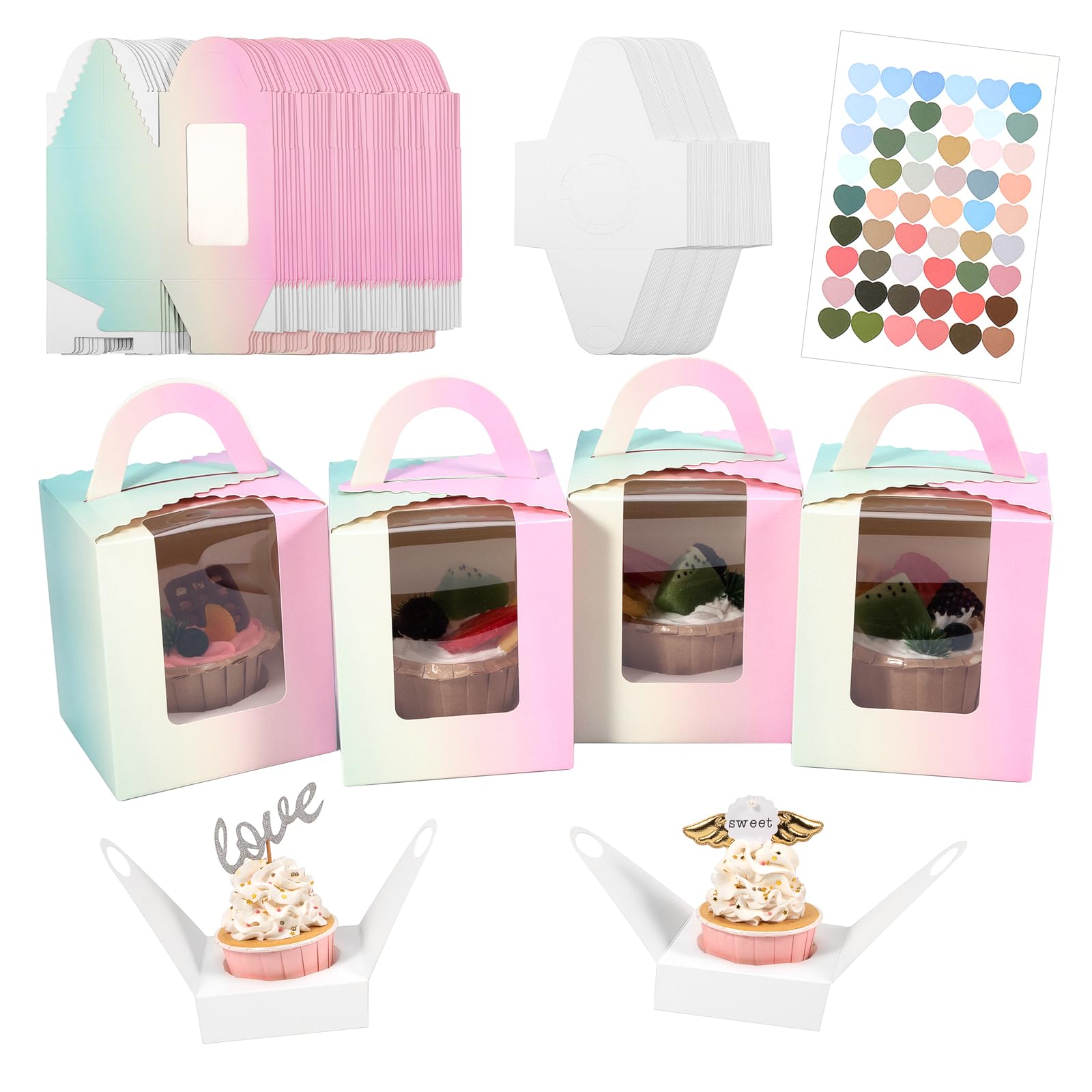 Roponan 30 Pieces Single Cupcake Boxes, Paper Bakery Boxes, Individual Cupcake Carriers with Clear Display Window, Handle and Insert (Gradients)