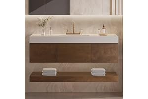 YITAHOME 48 Inch Floating Vanity with 3 Drawers, Wall Mounted Bathroom Vanity with White Quartz Countertop & Oak Veneer, Big Space Storage for Modern Bathroom, Walnut