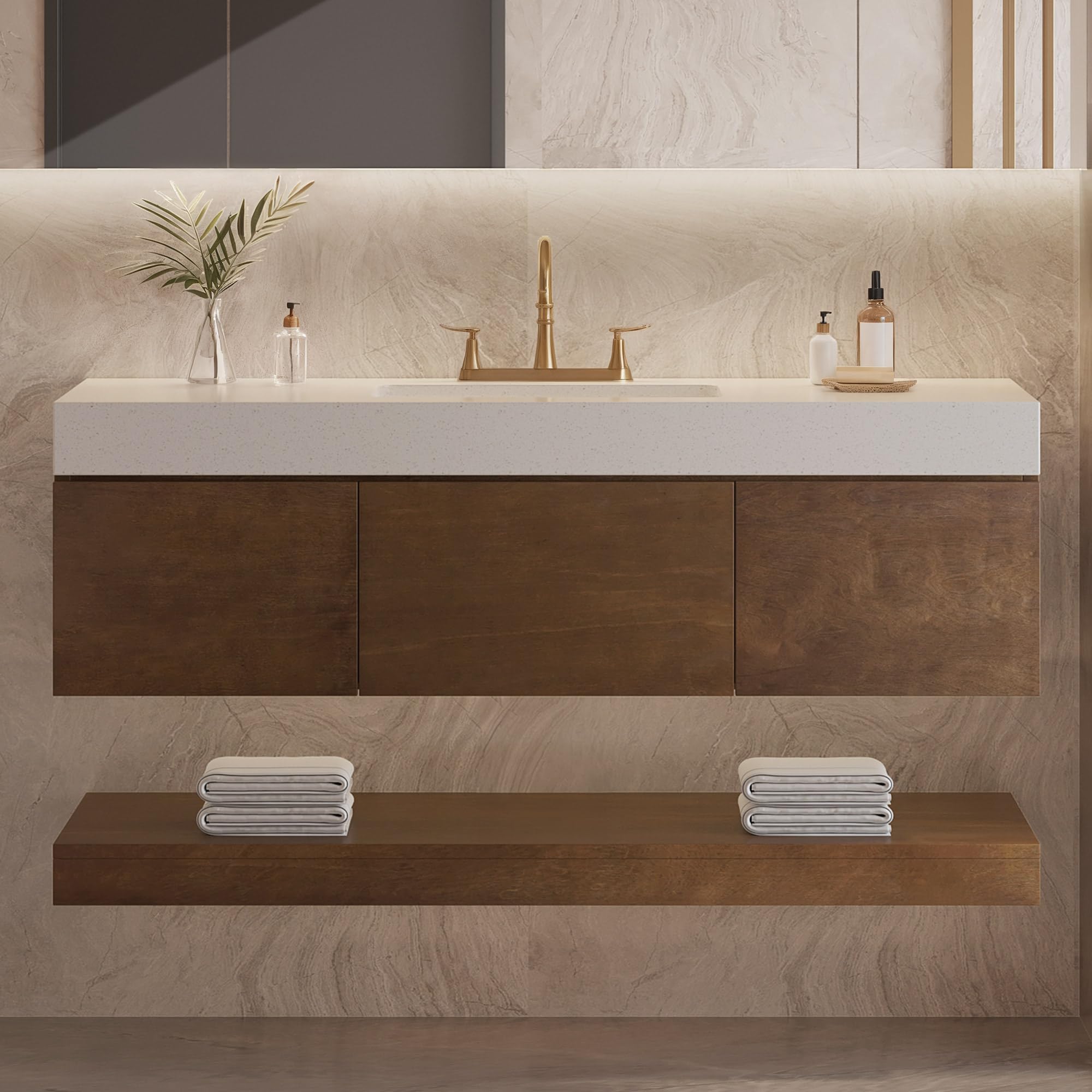 Photo 1 of YITAHOME 48 Inch Floating Vanity with 3 Drawers, Wall Mounted Bathroom Vanity with White Quartz Countertop & Oak Veneer, Big Space Storage for Modern Bathroom, Walnut