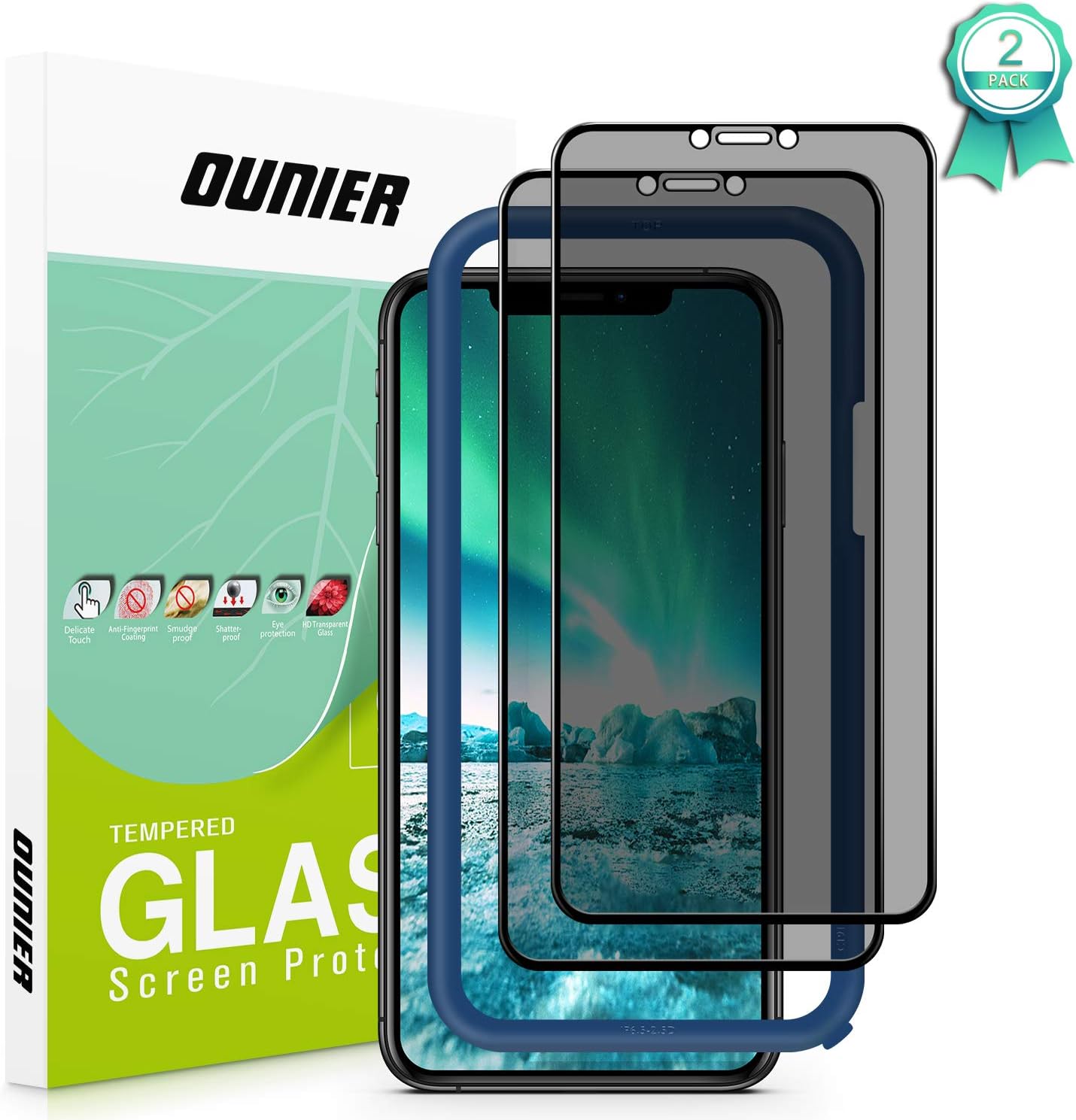 OUNIER for iPhone 11 Pro/X/Xs 28°True Privacy Screen Protector, [2-Pack] [Easy Frame] [Full Coverage] Anti-Spy Tempered Glass Screen Protector Compatible with Apple iPhone X/Xs & iPhone 11 Pro [5.8"]