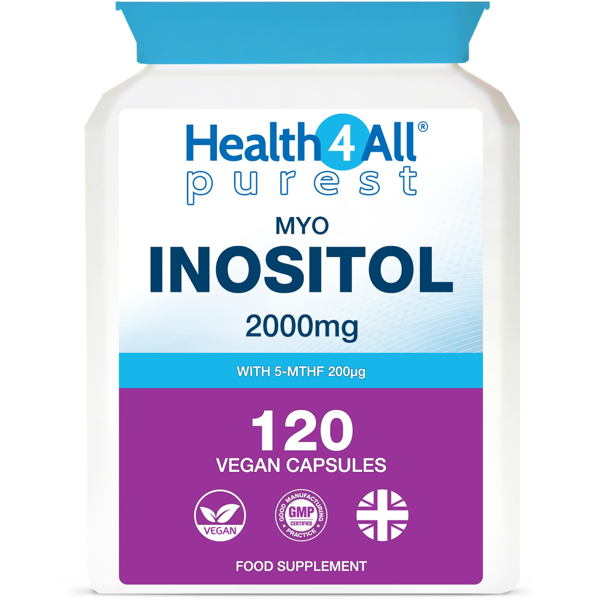 Health4All Myo-Inositol with 5-MTHF Methylfolate 120 Capsules, PCOS Supplement, Aids Hormonal Balance, Metabolism & Conception, Purest Vegan Capsules (not Tablets) | Made in UK
