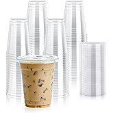 Lilymicky 100 Sets 12 oz Clear Plastic Cups with Flat Lids, 12 oz Disposable Drinking Cups With Lids for Ice Coffee, Smoothie, Slurpee, or Any Cold Drinks