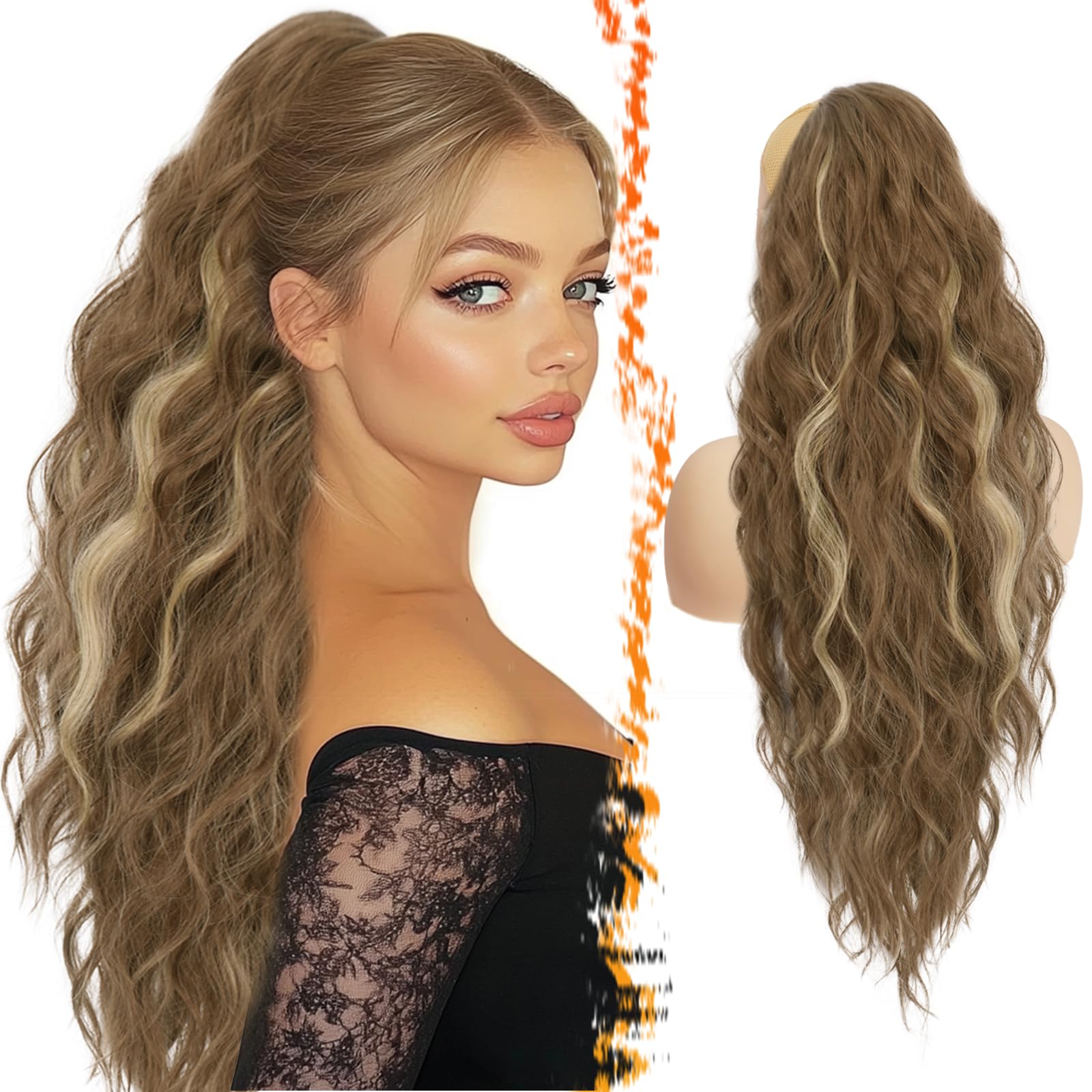 BARSDAR Highlight Drawstring Ponytail Extension, 26 Inch Long Curly Wavy Drawstring Ponytail Hair Extensions for Women, Synthetic Clip in Pony Tails Hairpieces Fake Ponytails- Ash Brown & Blonde