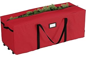Rolling Christmas Tree Storage Bag- for 12 FT Artificial Trees- Red Canvas Duffel with Wheels-Protects Holiday Decorations & 