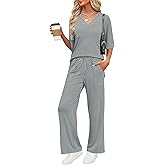 LOMON Women's 2 Piece Lounge Pajama Sets Soft 3/4 Sleeve Tops and Wide Leg Pants Loose Casual Outfits with Pockets