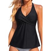 Womens Halter Tankini Tops Flowy Swim Top Only | Flowy style, twist front, easily match with bottoms, shorts, pants and so on.