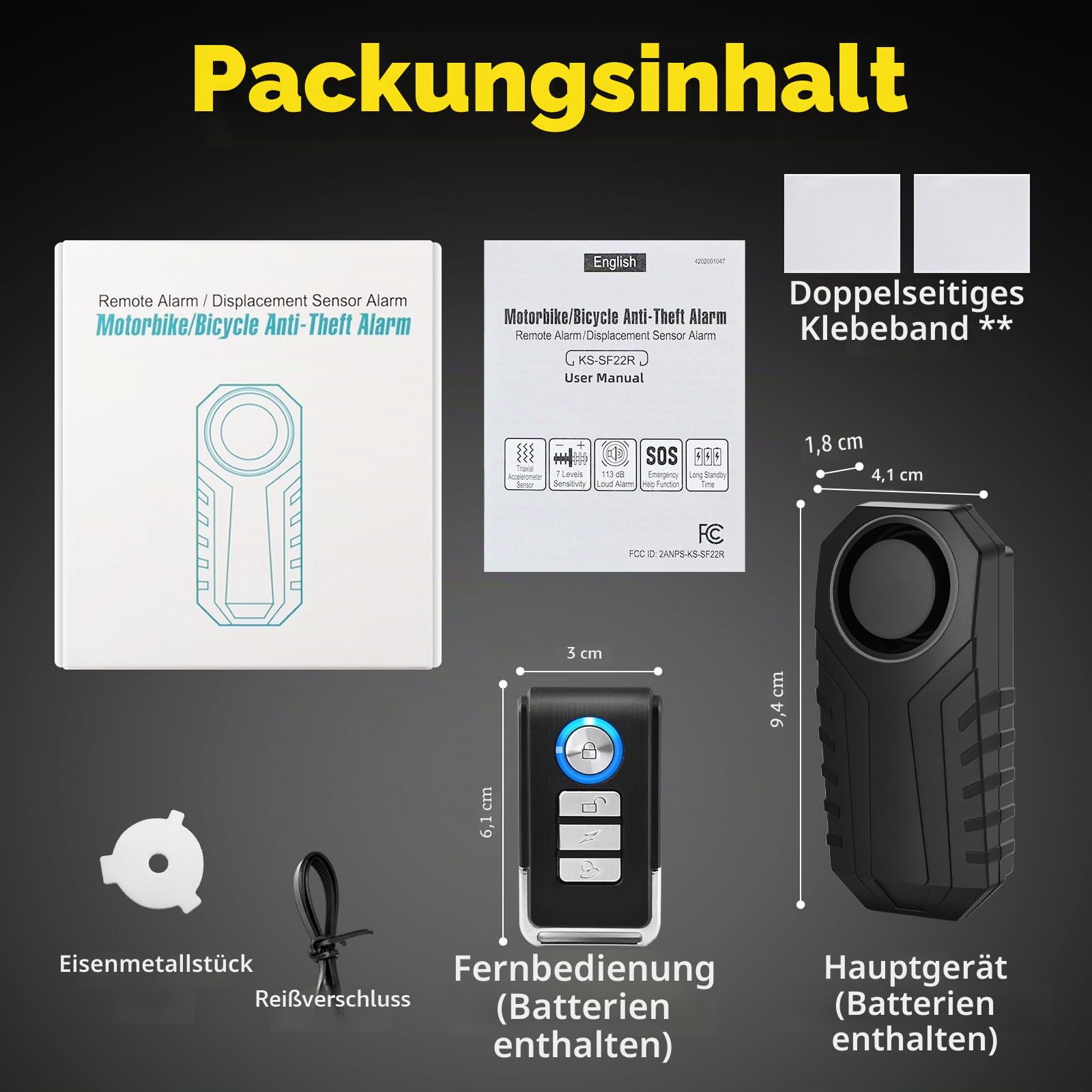 NineLeaf Fahrradalarm mit Fernbedienung, Anti-Diebstahl-Fahrradalarm, Fahrradalarmanlage für Motorrad, Auto, Roller, kabellose Vibrationserkennung, Anti-Diebstahl-Schutz 113dB Super Laut 9