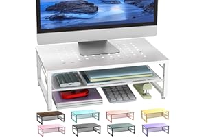 gianotter 2-Tier Metal Monitor Stand Riser, Desk Accessories & Workspace Desk Organizers, Office Desk Storage Organizer for Office Supplies (White)