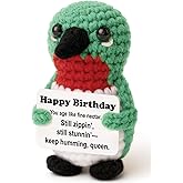 Adult Birthday Gift for Women – Mini Crochet Hummingbird Plush with Message Sign, Handmade 4-inch, Cozy Desk Shelf Birthday Decor, Gentle Year-Round Keepsake