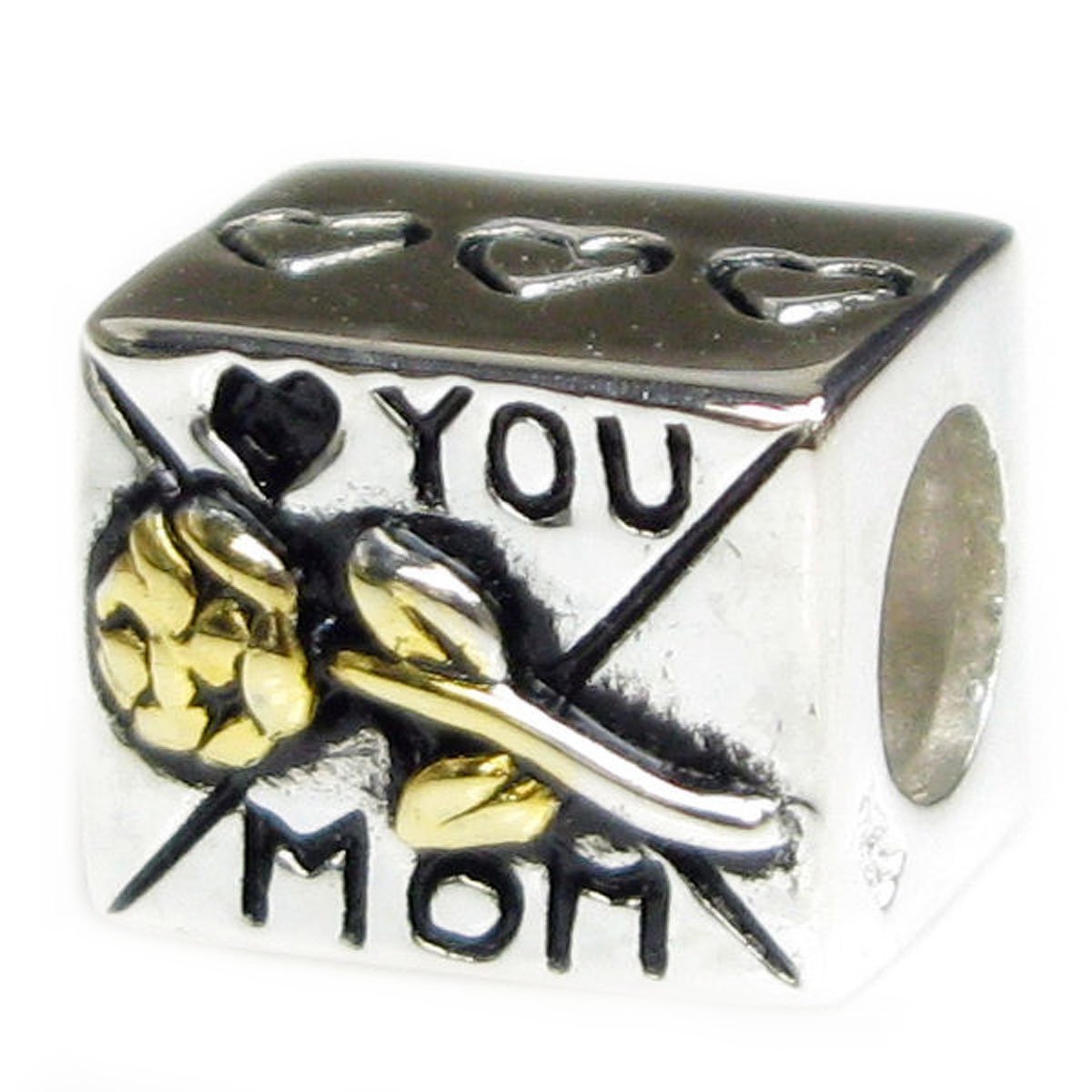 Queenberry Sterling Silver Love You Mom Mother Heart Gold-tone Rose Flower Bead For European Charm Bracelets