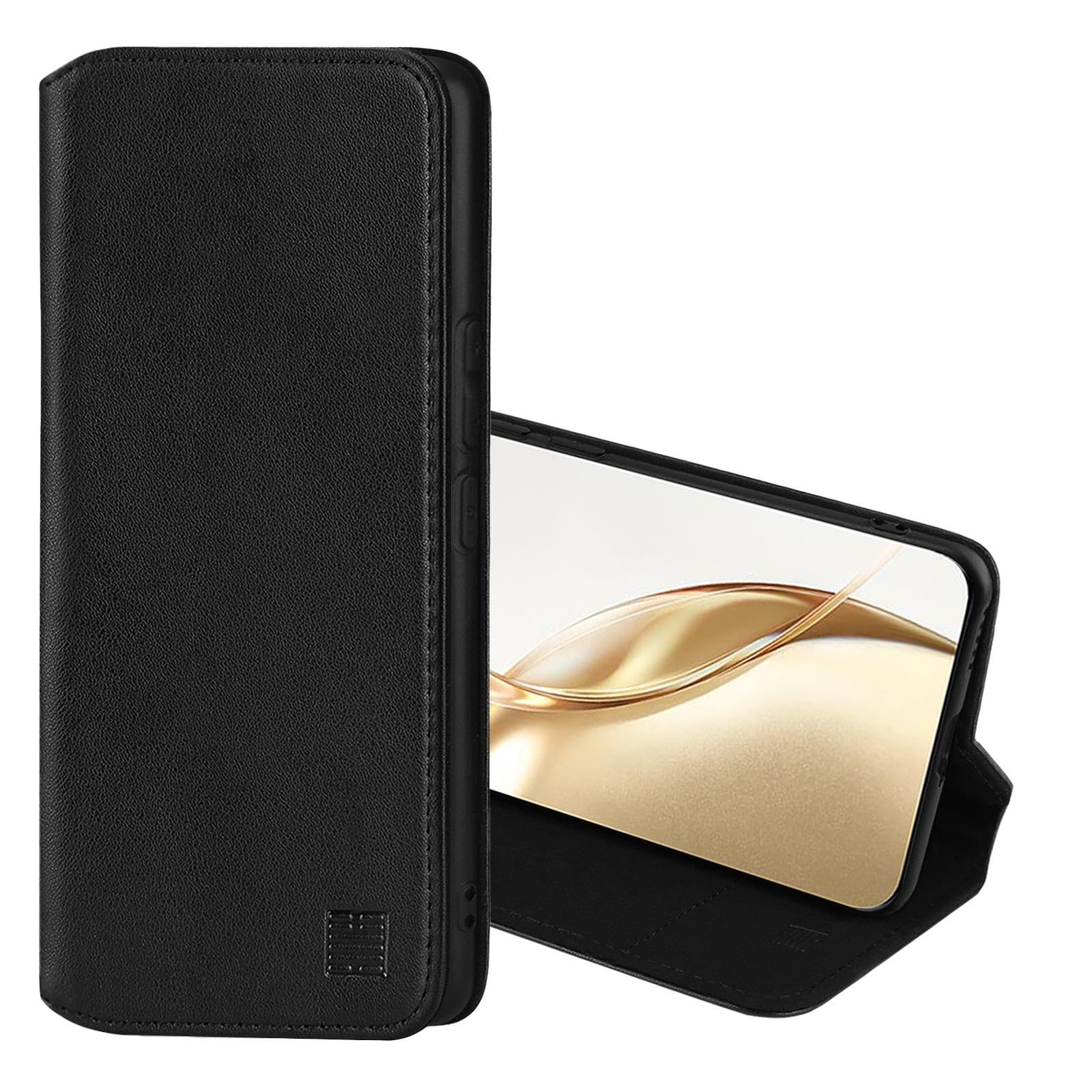 32nd Classic Series 2.0 - Real Leather Book Wallet Flip Case Cover For Honor 200, With RFID Blocking Card Slot, Magnetic Closure and Built In Stand - Black