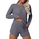 Anyhold Womens Waffle Knit Pajama Sets Lounge Sets Long Sleeve Top and Shorts Loungewear 2 Piece with Pockets