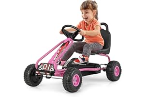 Costzon Go Kart for Kids, 4 Wheel Pedal Powered Go Cart with Adjustable Seat, Handbrake & Non-Slip Wheels, Outdoor Racer Ride On Pedal Car, Gift for Boys Girls (Pink)