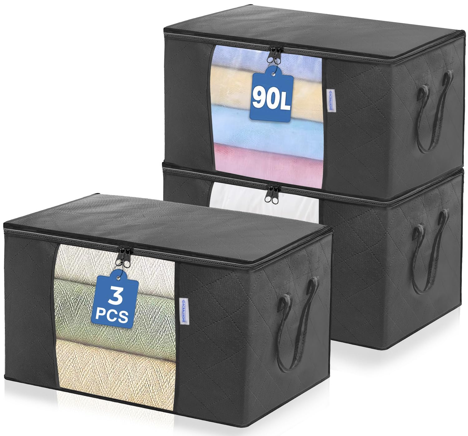 ACRALI HOME 90L Large Storage Bags with Zips- 3 Pack Foldable Clothes Storage Bag Organizer, Reinforced Handle and Transparent Window, Breathable Thick Fabric for Comforters, Blanket and Bedding- Grey