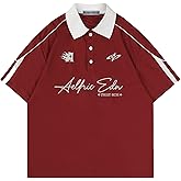 Aelfric Eden Mens Vintage Letter Polo Tee Oversized Button Collar Graphic Patchwork T Shirt Short Sleeve Summer Tops