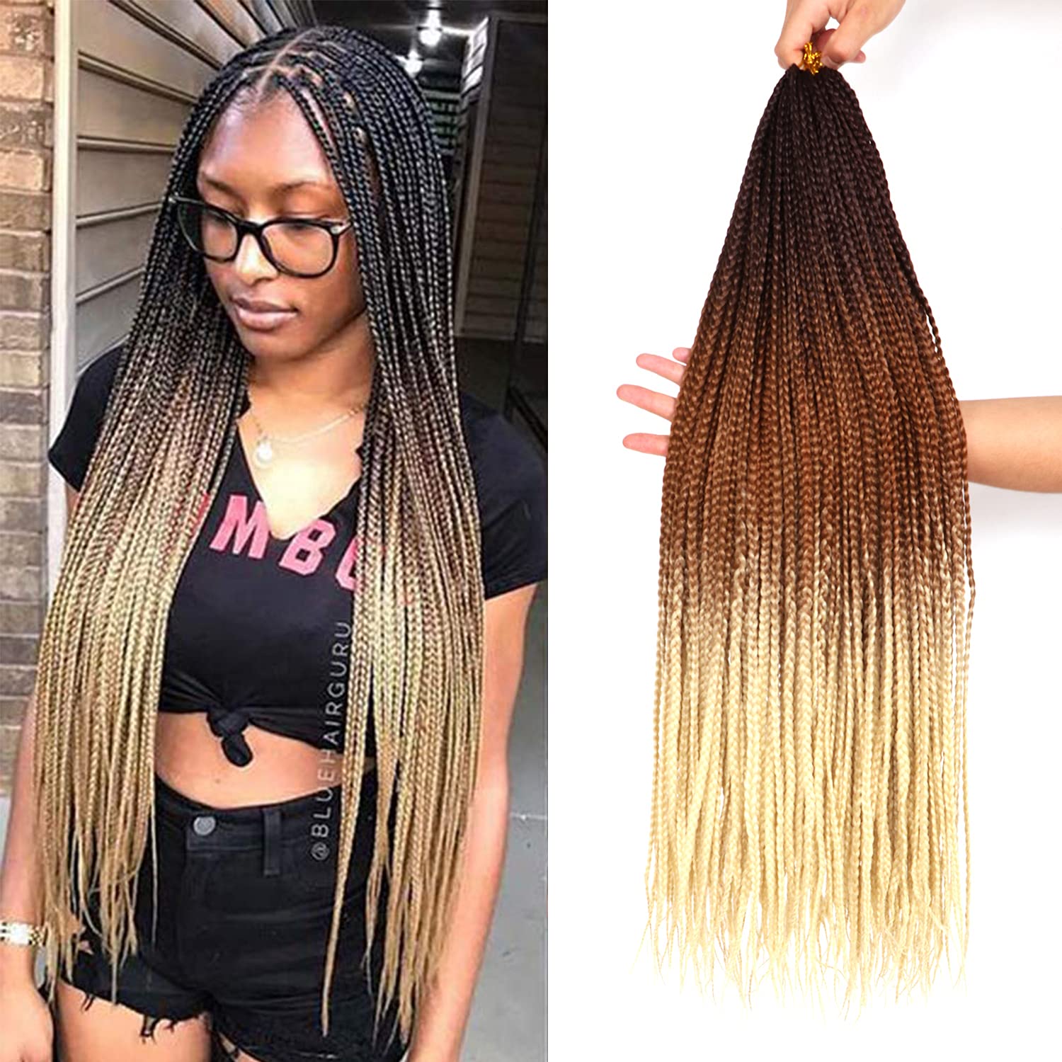 7Packs/Lot Box Braids Crochet Hair Extensions Pre-Looped for Black Women (22 Inch, Pack of 7, #4-27-613)