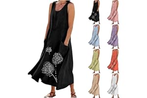 MIVAMIYA Linen Dresses for Women 2024 Casual Dandelion Print Cotton Linen Beach Dress Sleeveless Flowy Maxi Dress with Pocket