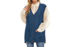 Hyipels Women's Sweater Vest,Sleevelsee Cardigan Button Cable Loose Long V Neck Pockets Knit Outwear Top S~XL