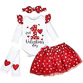 Aenbilo Baby Girl Clothes Newborn Outfit Ruffle Romper Heart Print Tutu Skirt Headband Set 0-18 Months