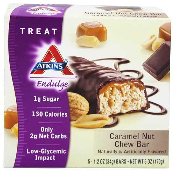 ATKINS ENDULGE CARAMEL NUT CHEW BAR, DESSERT FAVORITE, 1G SUGAR, GOOD SOURCE OF FIBER, 5 COUNT
