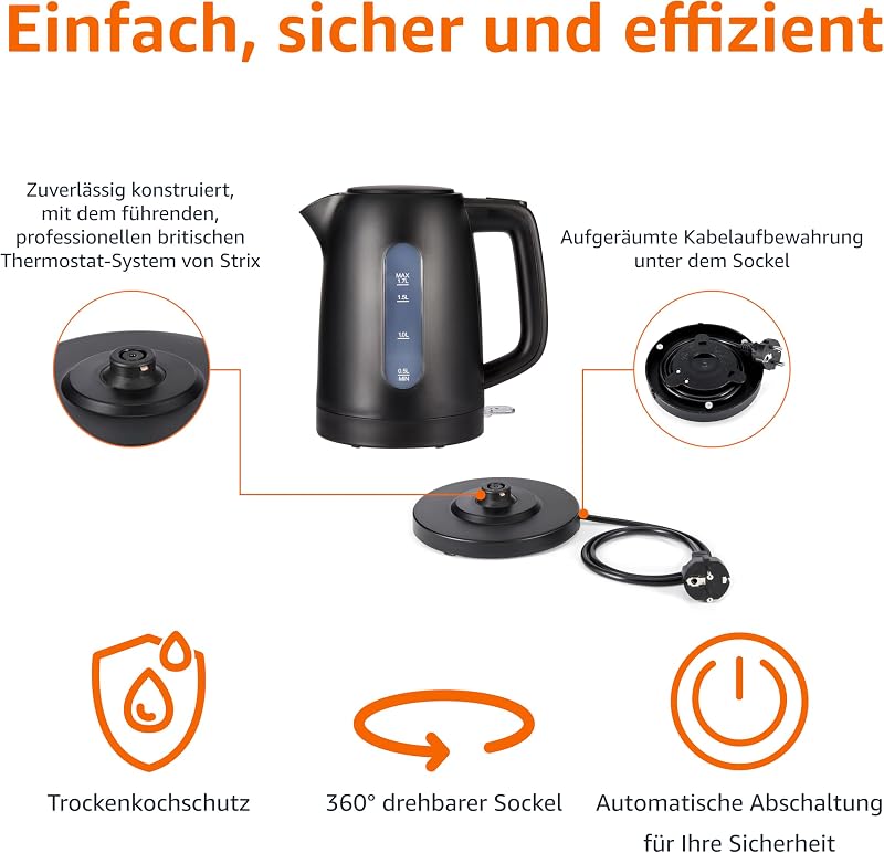 Wasserkocher 1,7L, 2200W, BPA-frei, 360° Basis, Automatische Abschaltung, Herausnehmbarer Kalkfilter, Mattschwarz