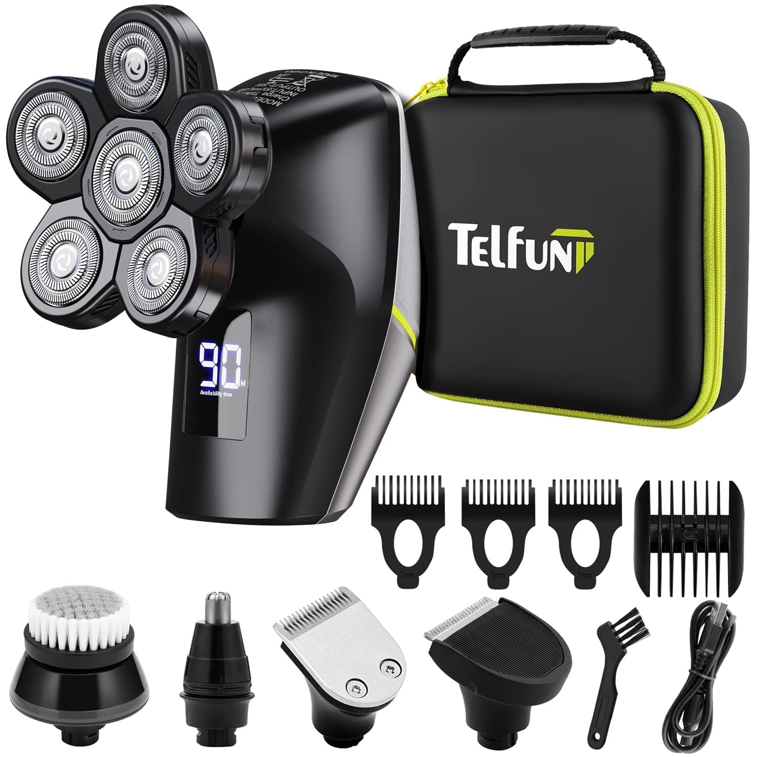 Telfun 6D Head Shavers for Bald Men With Travel Case, Anti-Pinch Electric Razor, 5-in-1 Grooming Kit With Nose & Ear Trimmer, Beard Trimmer, Waterproof Wet/Dry, LED Display