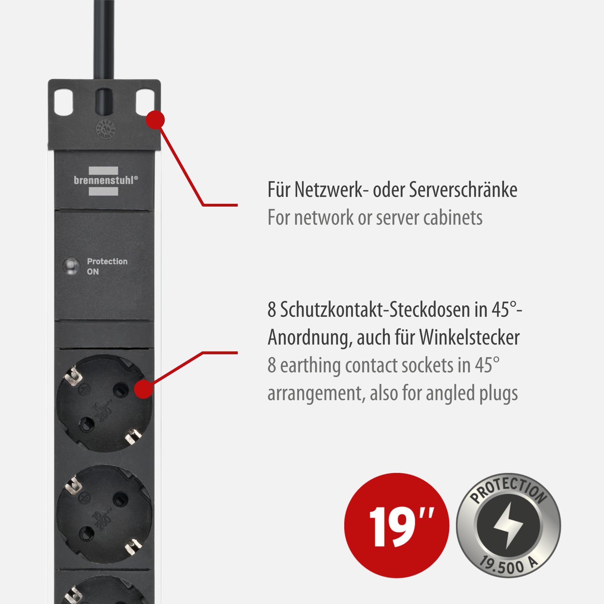 Brennenstuhl Alu-Line Steckdosenleiste 8-Fach mit Überspannungsschutz (Steckerleiste in 19 Zoll Format und mit 2m Kabel) 2