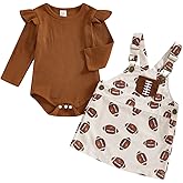 Karuedoo Toddler Baby Girl Football Outfit Frill Long Sleeve Ribbed Knit Romper Rugby Overall Dress Outfit Set Fall Clothes