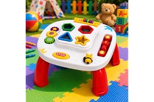 Mesinha Didática Infantil com Atividades – Brinquedo Educativo Sensorial com Formas de Encaixe, Engrenagens e Som – Coordenação Motora 12 Me