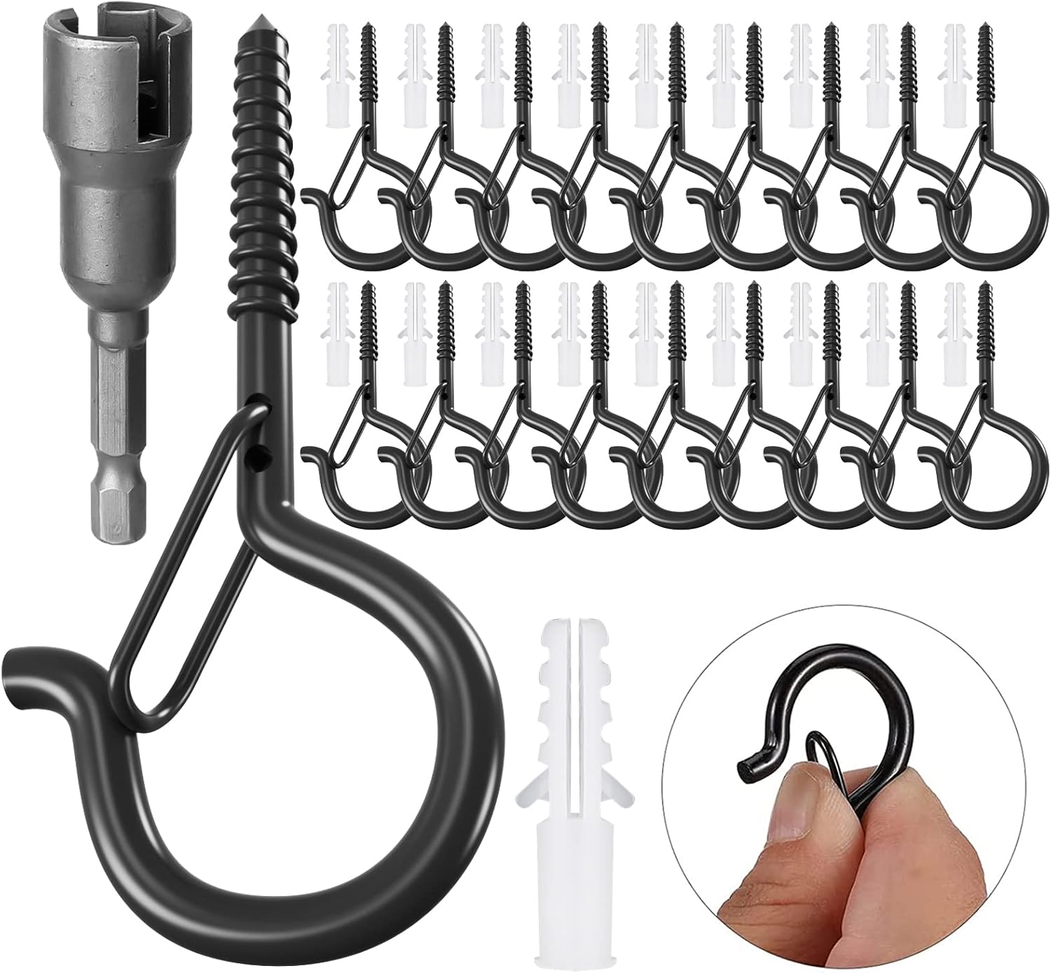 Outdoor Hanging Brackets - GIPTIME 18 Pack Q-Hanger Light Hooks,Wall Cabinet Ceiling Hooks Screw Hooks for Outdoor String Lights, Wire, Plants,Wind Chimes, Holiday Party Decoration Hanging,Safety Buckle Design