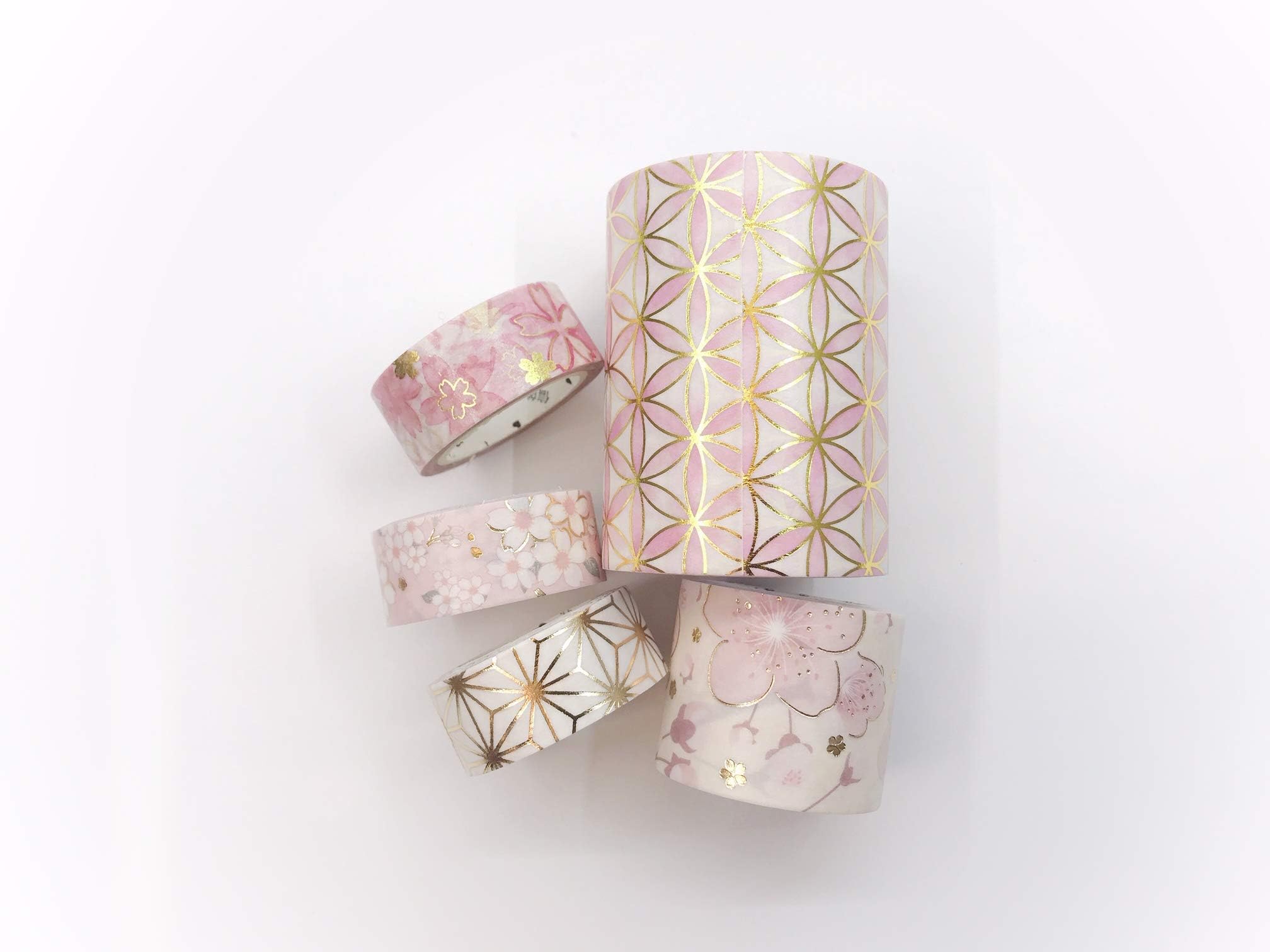 Cherry Blossom Pink, Gold foil washi Tape Set of 5 Rolls. Inc Extra Wide Tape. for scrapbooks, Gift wrap, Crafts, Wall Paper Borders, Cards and Decorating