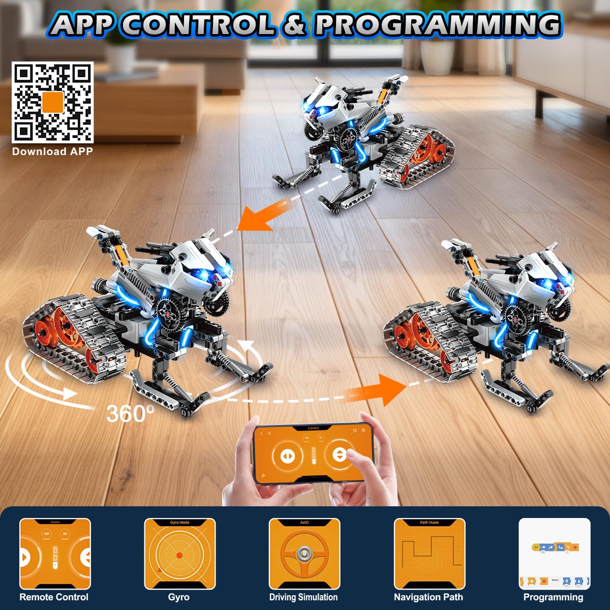 PLAXSOON Technik Bauspielzeug mit LED Lichtern, 5-in-1 App- & Fernsteuerung Panzer Roboter Klemmbausteine, 604 Teile RC Technic Baukasten, STEM Lernspielzeug Geschenk für Kinder Jungen ab 8-12 Jahre 7