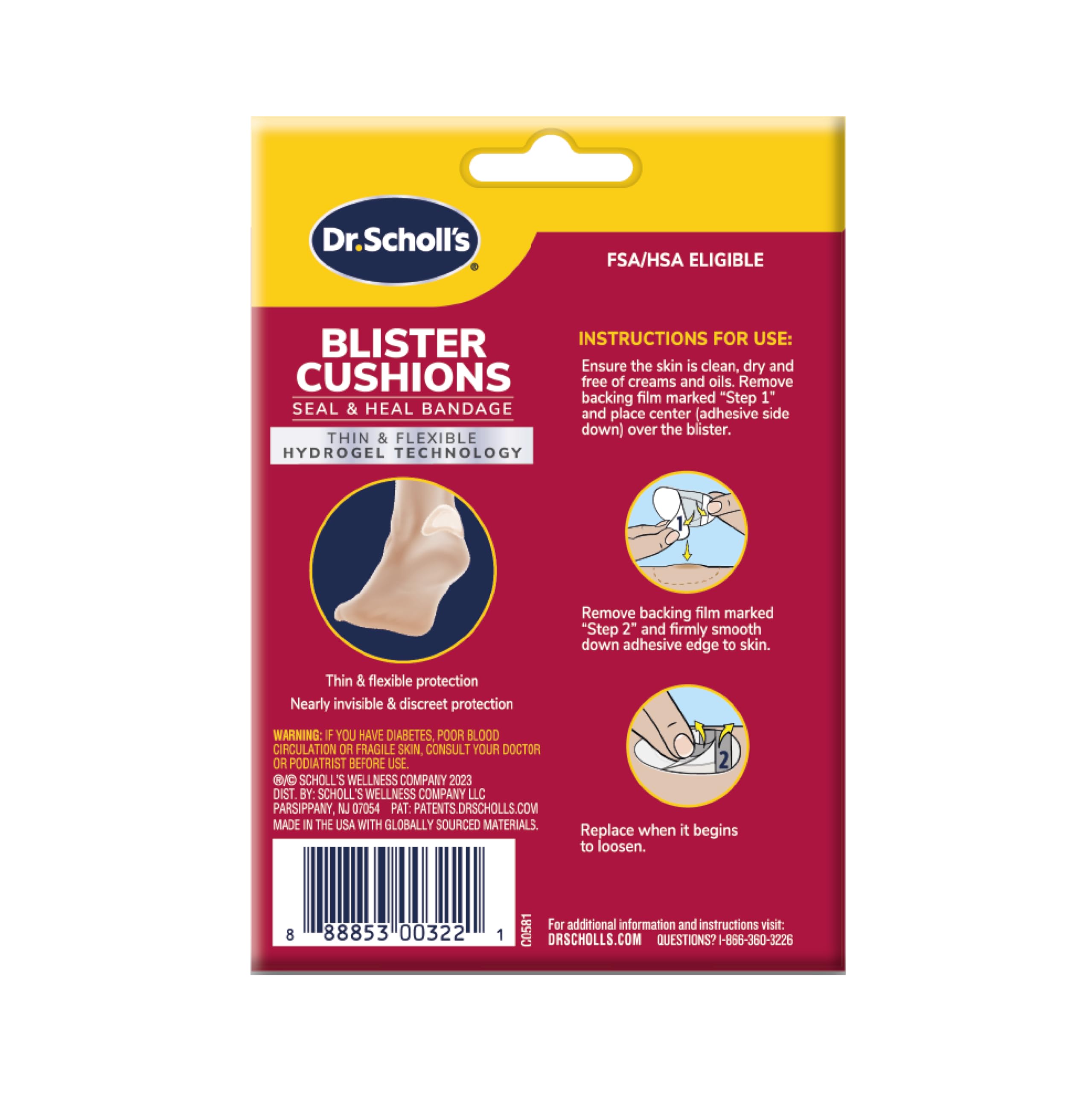 Dr. Scholl's Blister Cushions Seal & Heal Bandage with Hydrogel Technology, 8 ct // Immediate & All-Day Pain Relief, Thin, Flexible & Nearly Invisible, Moisture-Infused