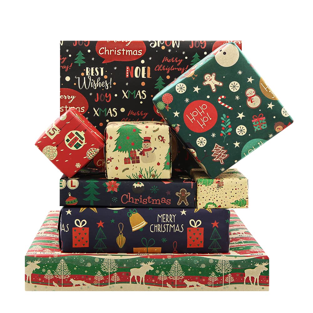 2022 Newest Kraft Christmas Wrapping Paper 8 Sheets in 8 Designs Folded Flat 20x28 inches per sheet Assorted Christmas Gift Wrap Set With Jute String and Tag For Kids Girls Boys Families in Christmas