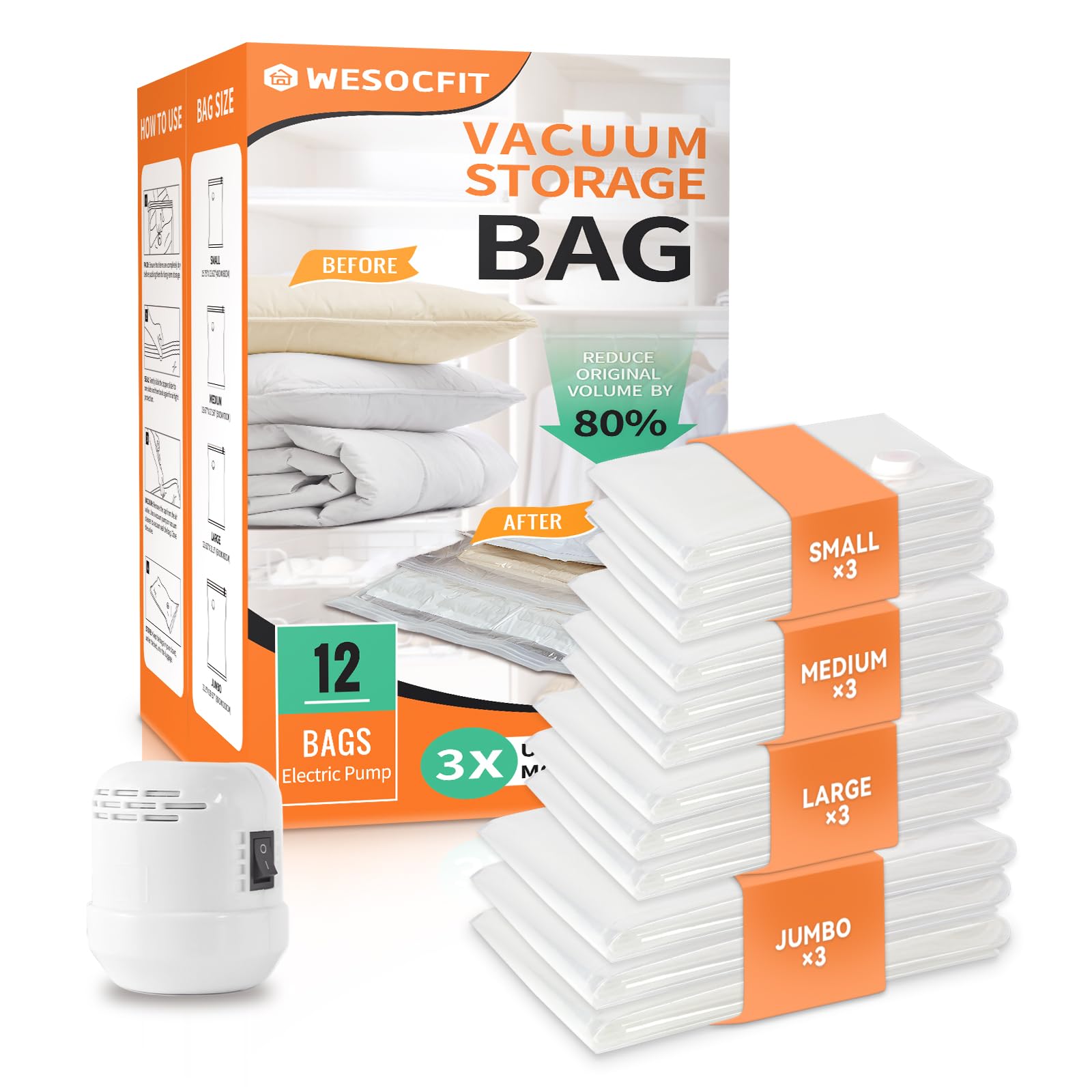 Photo 1 of 12 Pack Vacuum Storage Bags with Electric Pump, (3 Small, 3 Medium, 3 Large, 3 Jumbo) Vacuum Seal Bags for Clothing, Space Saver Bags for Travel, Luggage Compression Packing