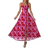 Caracilia Women's Summer Maxi Dresses Floral Mesh Spaghetti Strap Split Formal Wedding Guest Cocktail Party Beach Long Dress