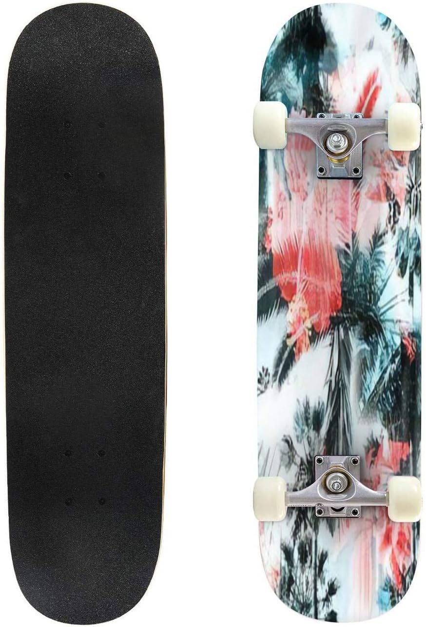 Blue Palm Trees Seamless Pattern Colorful Background with Tropical Outdoor Skateboard 31"x8" Pro Complete Skate Board Cruiser 8 Layers Double Kick Concave Deck Maple Longboards for Youths Sports