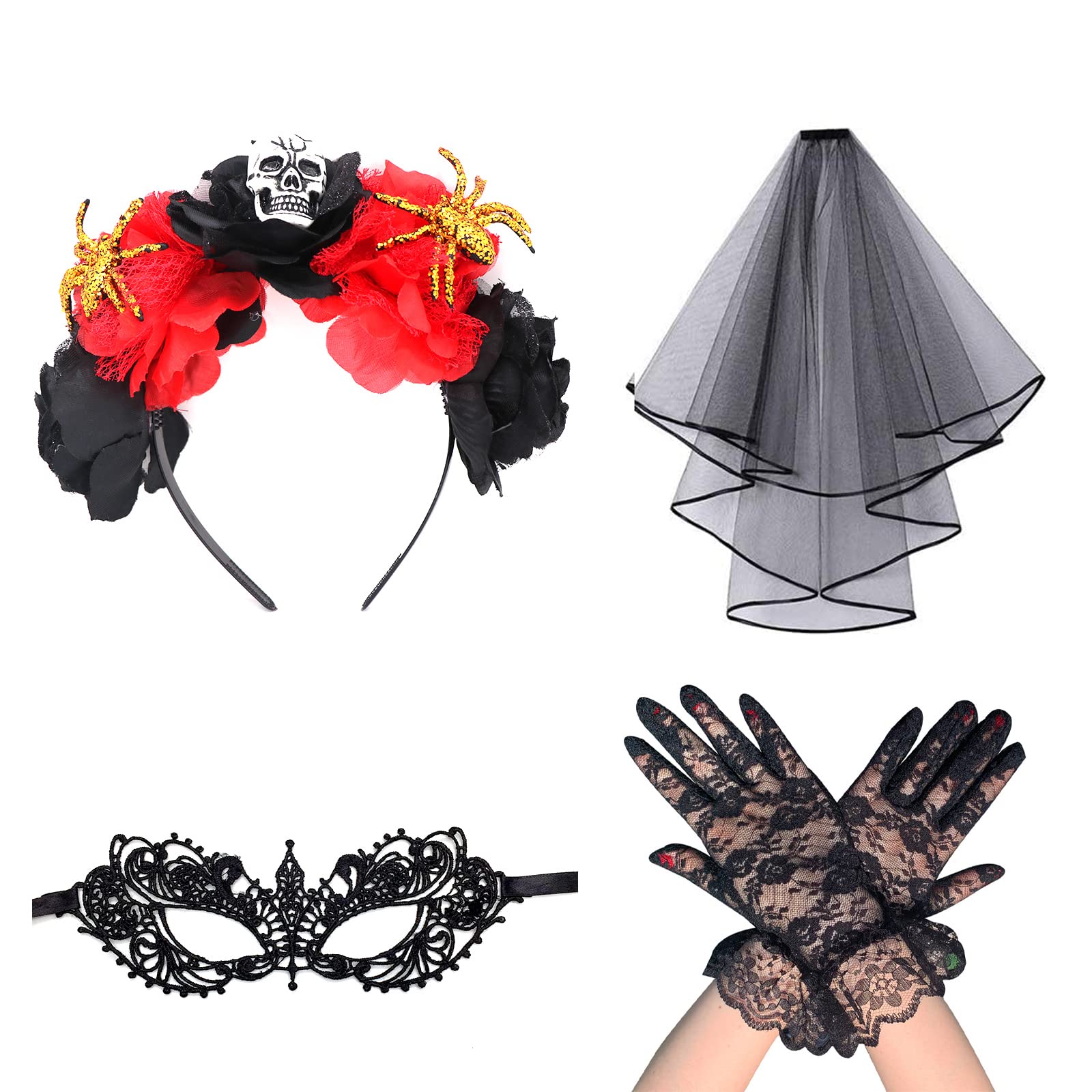 Day of the Dead Halloween Costume Set, Flower Crown Headband, Black Veil, Lace Mask, Lace Gloves for Women Girl Halloween Theme Party