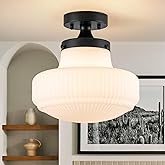 Zicbol Milk Glass Ceiling Light Fixture 11" Schoolhouse Lights Fixtures Modern Black Semi Flush Mount Ceiling Light for Hallw