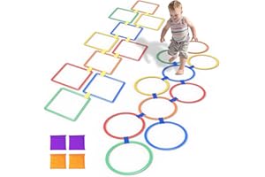 Oranmew 2 Sets Hopscotch Rings & Bean Bag Toss - 15 Inch Indoor/Outdoor Agility Rings (Square, Round) with 4 Beanbags - 20 Pcs Obstacle Course Rings for Kids & Adults