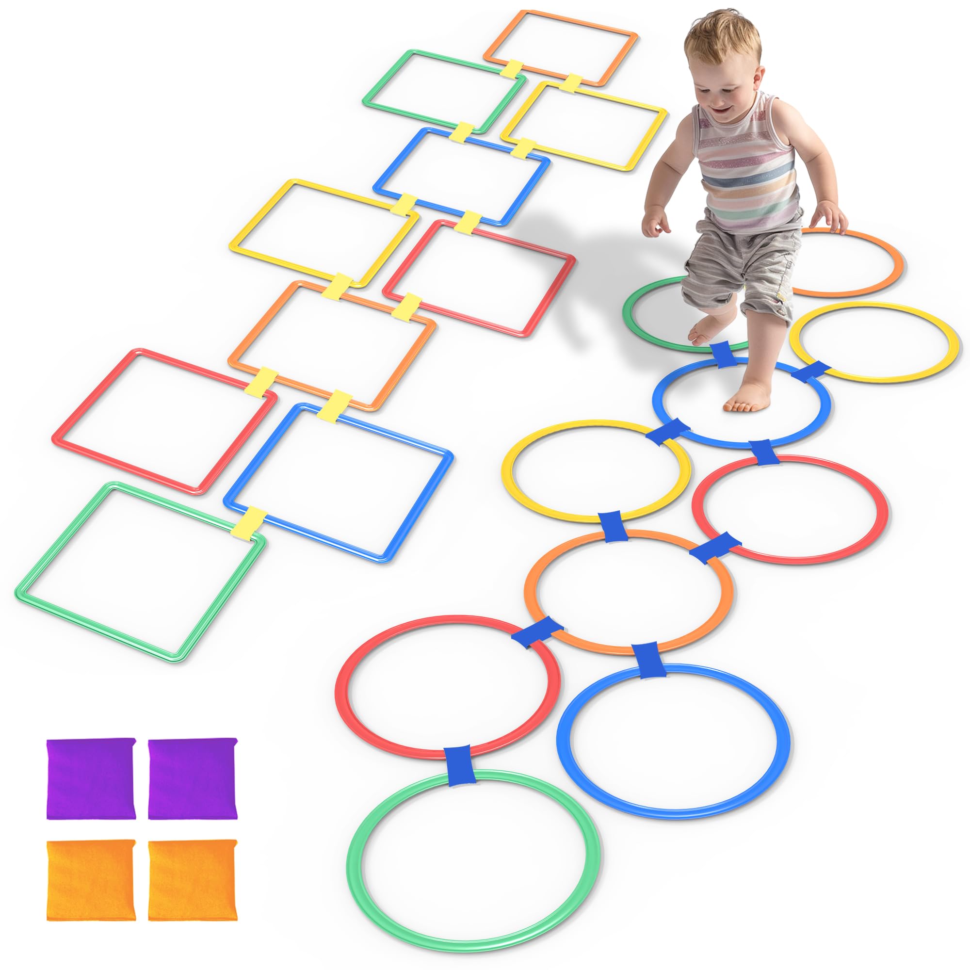 Oranmew 2 Sets Hopscotch Rings & Bean Bag Toss - 15 Inch Indoor/Outdoor Agility Rings (Square, Round) with 4 Beanbags - 20 Pcs Obstacle Course for Kids & Adults