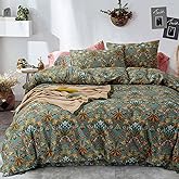 Bohemia Comforter Set Queen Size, Dark Green Vintage Floral Pattern Printed Bedding Sets - 3 Pcs Soft and Lightweight Duvet Bed in a Bag for Women Boho Bed Home Decor, 90x90 inch