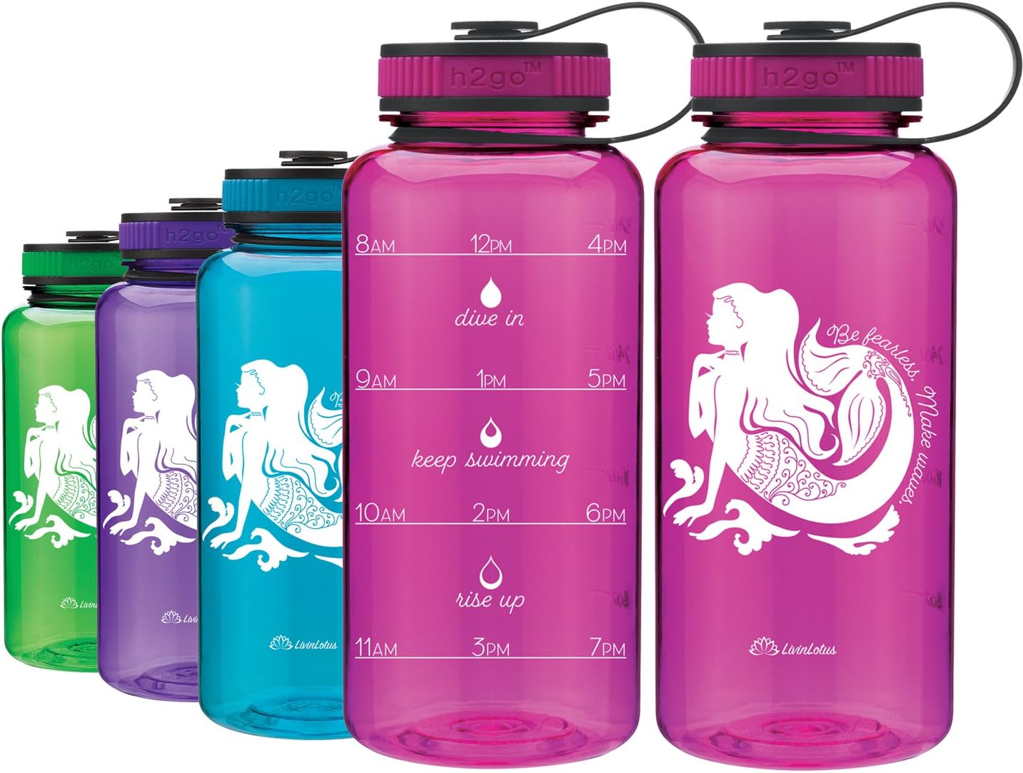 LivinLotus Mermaid - Wide Mouth 34oz Water Bottle - Inspirational Water Tracker for Hydration Tracking with Time Tracked by The Hour for Three Refills and Motivational Quotes