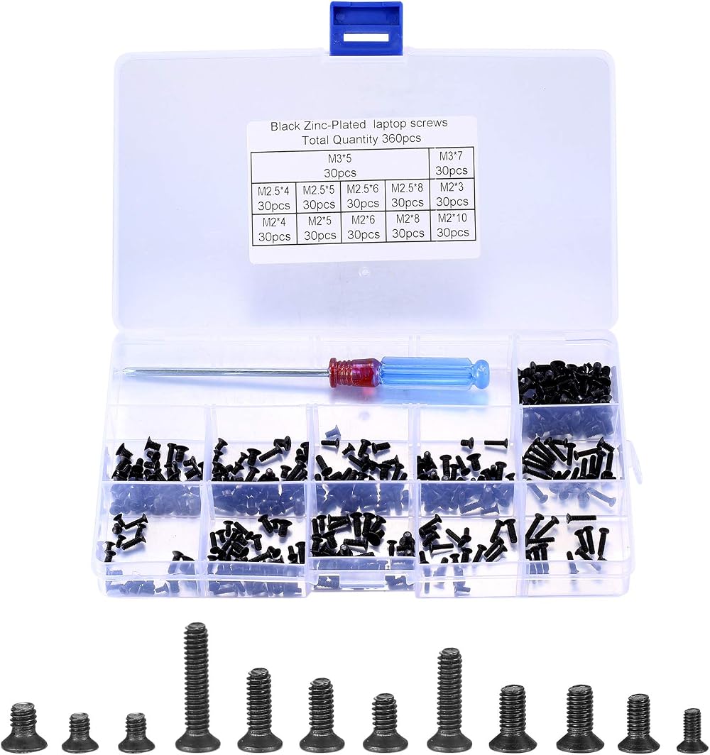 Xiaomoyu 360Pcs Laptop Screw Set with Driver 12 Sizes Chrome Black Carbon Steel