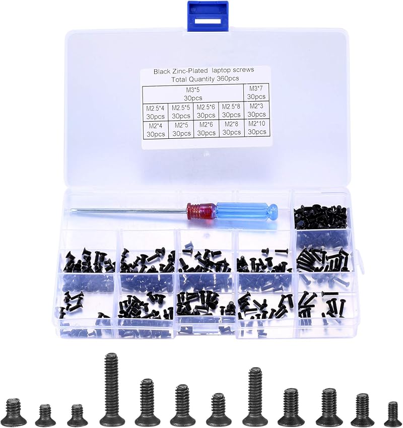 Xiaomoyu 360Pcs Laptop Screw Set with Driver 12 Sizes Chrome Black Carbon Steel